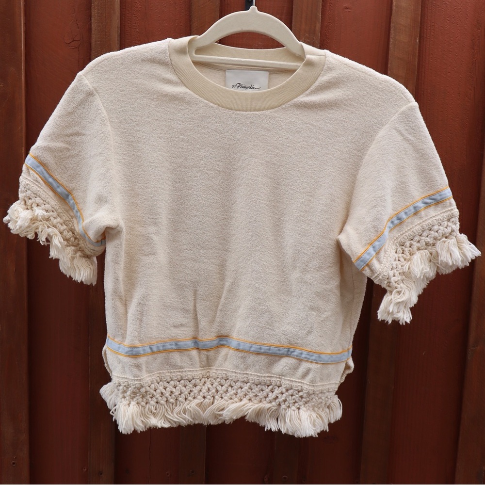 3.1 Phillip Lim Ecru White Cotton Wool Combo Terry Crop Top Shirt XS Women